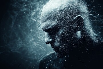 Brain mapping Diffusion tensor imaging Abstract depiction of a man’s head with a digital brain unraveling into a network of lines symbolizing the breakdown of mental clarity and coherence