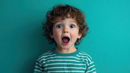 A young child with curly hair, wearing a green striped shirt, stands against a teal backdrop showing an expression of surprise with wide eyes and an open mouth, capturing sheer amazement.
