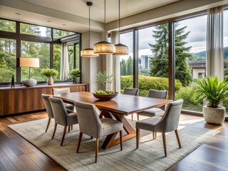 In this stylish Seattle home, a modern dining room set shines with natural light streaming through large windows,