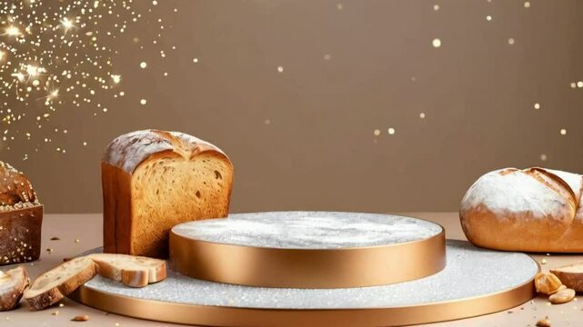 Empty Podium with Bakery Items for Product Showcase,3D Podium Display with Fresh Bakery Goods, Podium with Bread and Pastries for Product Display, Creative Podium Design with Fresh Bakery