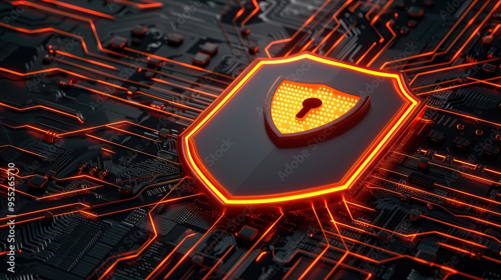 Poster 3d glowing shield with keyhole on circuit board represents digital security tech background