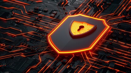 3d glowing shield with keyhole on circuit board represents digital security tech background