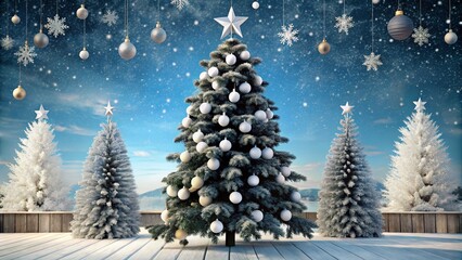 Fototapeta premium A beautifully decorated Christmas tree surrounded by snow-covered trees and a starry night sky, perfect for holiday-themed projects.