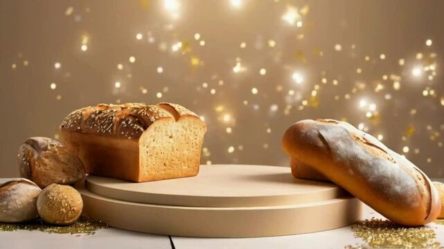 Empty Podium with Bakery Items for Product Showcase,3D Podium Display with Fresh Bakery Goods, Podium with Bread and Pastries for Product Display, Creative Podium Design with Fresh Bakery