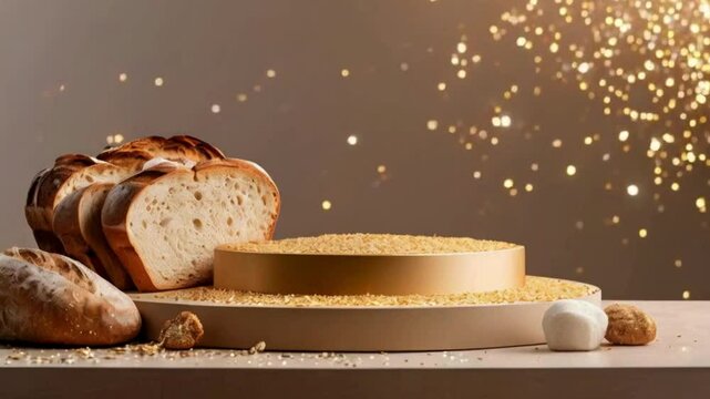 Empty Podium with Bakery Items for Product Showcase,3D Podium Display with Fresh Bakery Goods, Podium with Bread and Pastries for Product Display, Creative Podium Design with Fresh Bakery