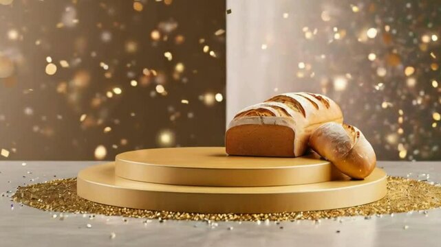 Empty Podium with Bakery Items for Product Showcase,3D Podium Display with Fresh Bakery Goods, Podium with Bread and Pastries for Product Display, Creative Podium Design with Fresh Bakery