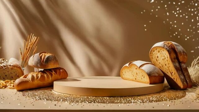 Empty Podium with Bakery Items for Product Showcase,3D Podium Display with Fresh Bakery Goods, Podium with Bread and Pastries for Product Display, Creative Podium Design with Fresh Bakery