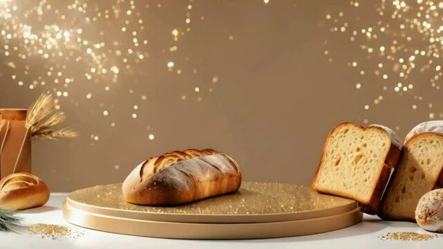 Empty Podium with Bakery Items for Product Showcase,3D Podium Display with Fresh Bakery Goods, Podium with Bread and Pastries for Product Display, Creative Podium Design with Fresh Bakery