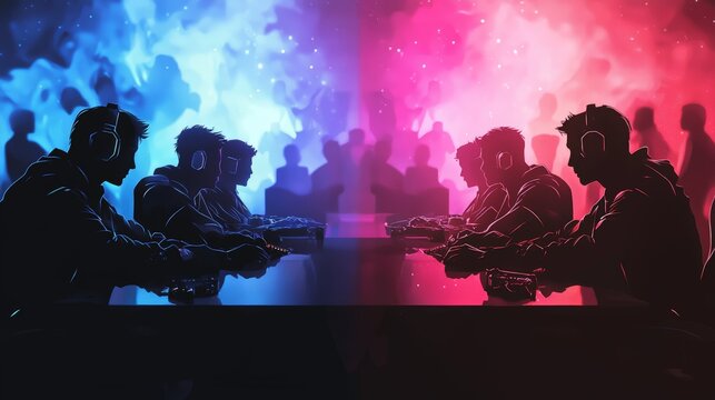 Esports teams competing in dramatic atmosphere