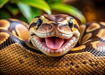 Fototapeta premium A close-up of a smiling ball python with vibrant scales and bright eyes, showcasing its unique pattern and charming expression.