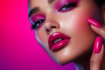 Viva Magenta makeup look with bold lips and nails, depicted in an artwork where a model wears magenta lipstick and nail polish, with a flawless complexion and bold eye makeup, creating a striking