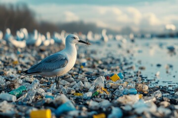 Seagull Standing on a Beach Covered in Plastic Waste