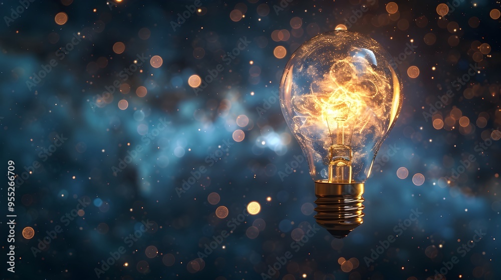 Wall mural lightbulb floating in starry space symbolizing limitless potential of ideas