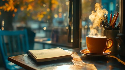 A cozy café scene with a steaming cup of coffee, an open notebook, and autumn sunlight streaming through the window.