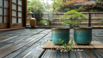 Fototapeta premium Two Rustic Turquoise Teacups in Traditional Japanese Setting with Green Tea and Spilled Rice