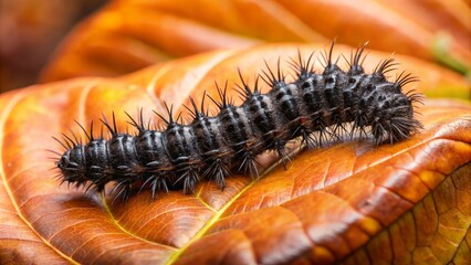 Fototapeta premium A detailed close-up of a black spiny caterpillar resting on an autumn leaf, showcasing its unique textures and colors.