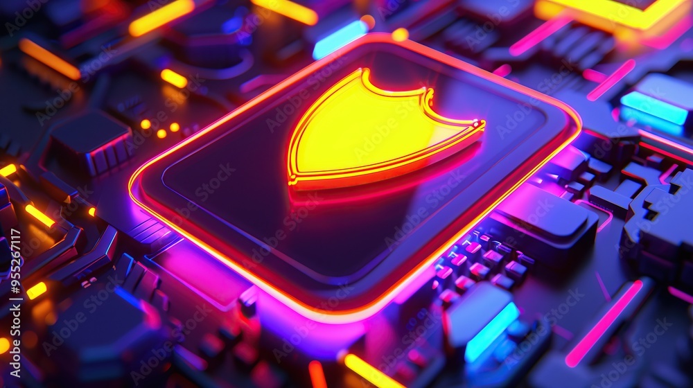 Poster glowing shield cybersecurity hacking security symbol on digital circuit board tech background