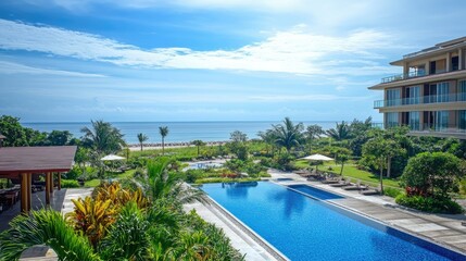Seaside serviced condo in Hua Hin, Thailand, with breathtaking beach and ocean views, a large swimming pool, and vibrant greenery under a bright, cloudless sky