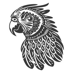 Ornate Black and White Parrot Head with Detailed Feathers