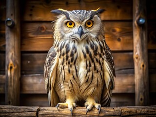 A majestic owl perched elegantly, showcasing striking features and vibrant colors against a rustic wooden backdrop.