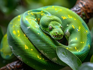 Fototapeta premium Vibrant Green Tree Python Coiled Around Branch with Detailed Texture