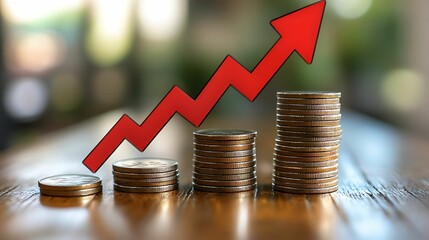 Stacked coins increasing in height with a red upward arrow, symbolizing financial growth, investment success, and economic progress.