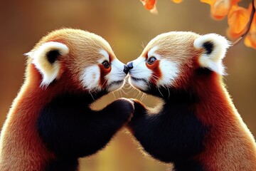 Two playful red pandas share an affectionate moment in a beautiful forest setting during golden hour, showcasing their adorable expressions and vibrant fur coats