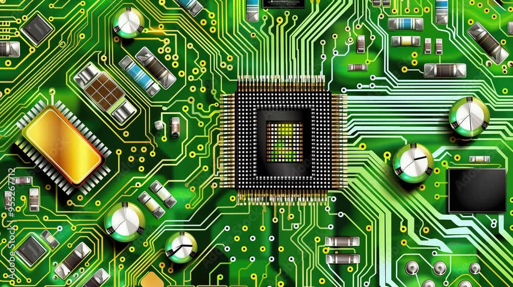 Fototapete close-up of tech circuit board with central processor and other components