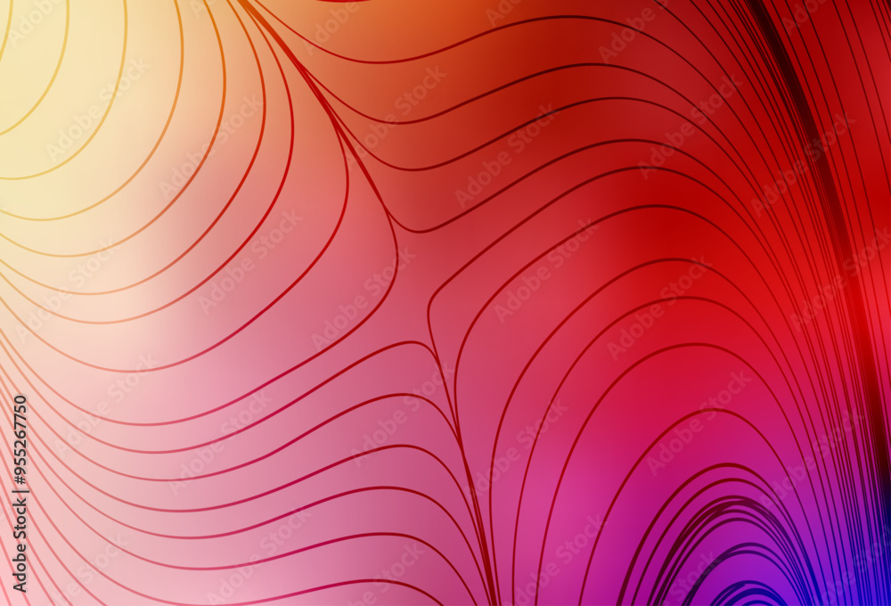 Poster light red, yellow vector layout with curved lines.
