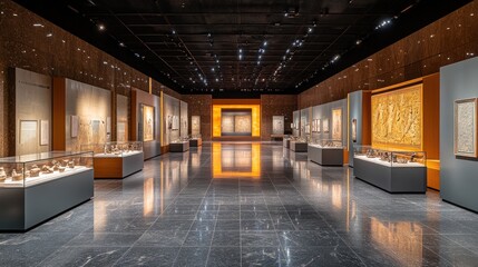 The empty halls of the National Museum of China, with no visitors, just the grand displays and artifacts.