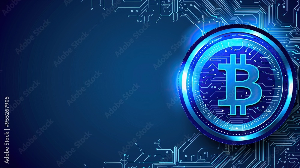 Poster abstract glowing Bitcoin symbol coin shiny glossy button on circuit board background copy space for text