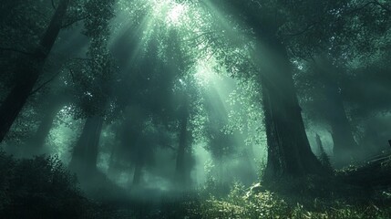Sun rays shine through the dense forest canopy, casting a mystical light on the foggy path.