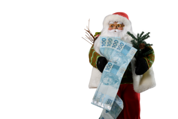 Brazilian money bills, Santa Claus holding money