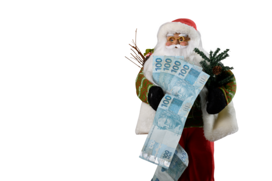 Brazilian money bills, Santa Claus holding money