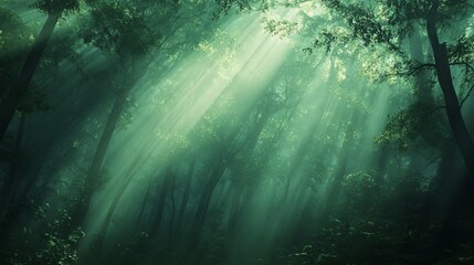 Sunbeams pierce through the dense fog in a lush green forest.
