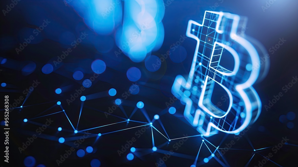 Poster abstract glowing Bitcoin symbol digital cyptocurrency network of digital lines bokeh background