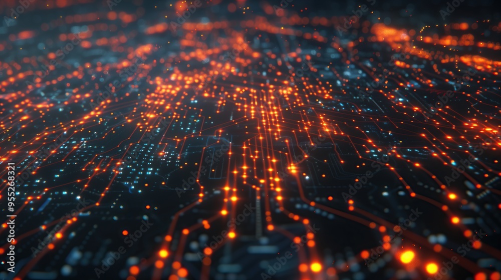 Poster abstract glowing circuit technology advance lines and dots on dark background