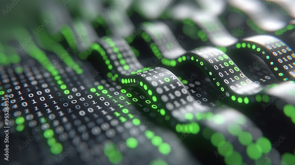 Poster abstract tech digital background with glowing green binary code waves 3d