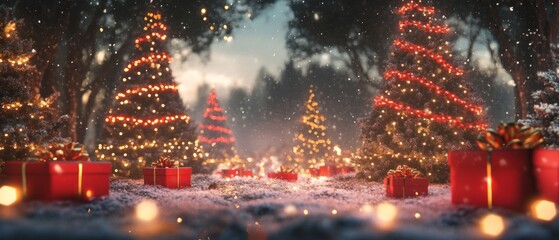 lluminated christmas trees with red and golden garlands into a forest with snowy flakes with shape of stars close to xmas gifts