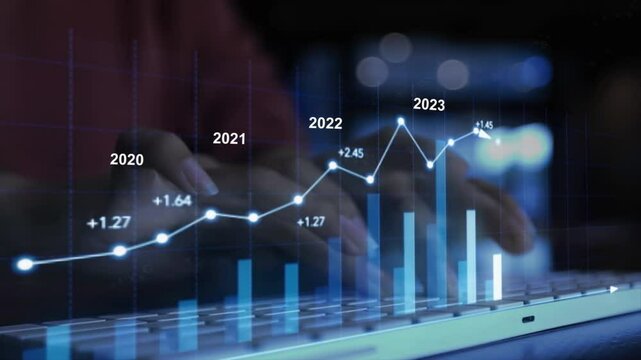 2025 Businesswoman analyzing company revenue, financial balance sheet working with digital virtual graphics
Businesswoman calculating financial data for long term investment growth goals