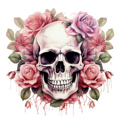 Fototapeta premium A Human Skull Adorned with Pink Roses and Dripping Blood
