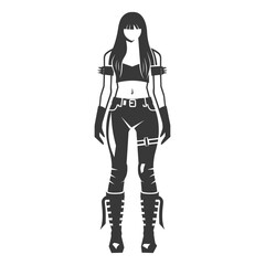 Silhouette of a Woman in a Black Crop Top and Pants with Spiked Bracelets and Boots