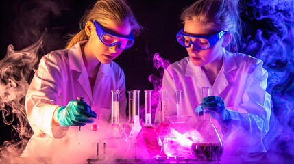 two young female scientists in lab coats conduct science experiment