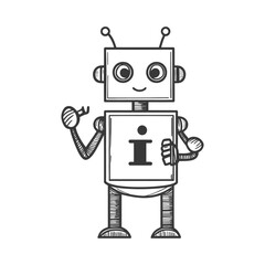 Hand drawn sketch of a friendly robot with an information symbol
