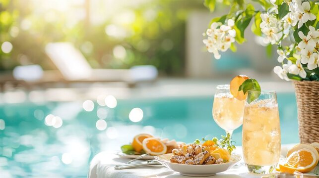 Experience a luxurious poolside brunch setting adorned with elegant decor, featuring a delightful array of food and refreshing drinks in a picturesque outdoor ambiance.