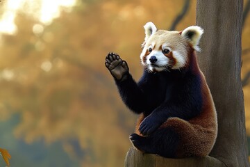 Fototapeta premium A playful red panda waves from its perch amidst a vibrant autumn landscape, capturing the essence of nature’s beauty and the charm of wildlife during a sunny afternoon