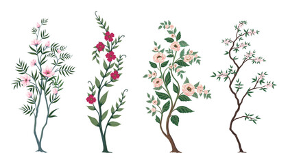 Flower tree branches. Rose peony cherry and sakura. Decorative isolated elements with summer leaves and blossoms. Wedding nature elegant rustic design. Floral poster. Vector illustration set © SpicyTruffel