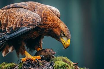 A Golden Eagle with Sharp Talons Stands Over a Mouse on a Mossy Log