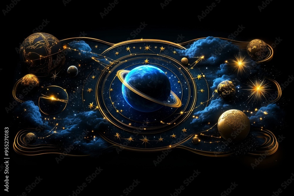 Wall mural zodiac signs in a galactic journey, depicted in an illustration where each zodiac sign is part of an