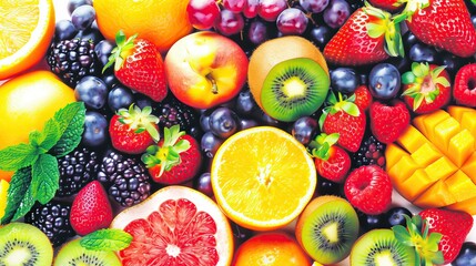 colorful assortment of fresh fruits strawberries, kiwi, and oranges top view food photography